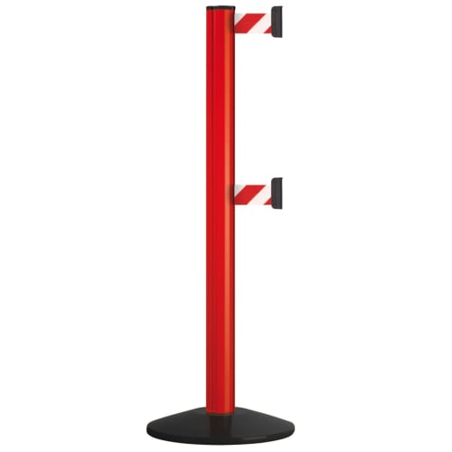 Roter Gurtabsperrpfosten Beltrac Extend Safety Double mit zwei ausziehbaren Absperrgurten und schwarzem Standfuß