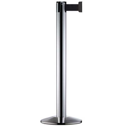 Gurtabsperrpfosten Beltrac Infinity aus Edelstahl mit schwarzem Absperrband