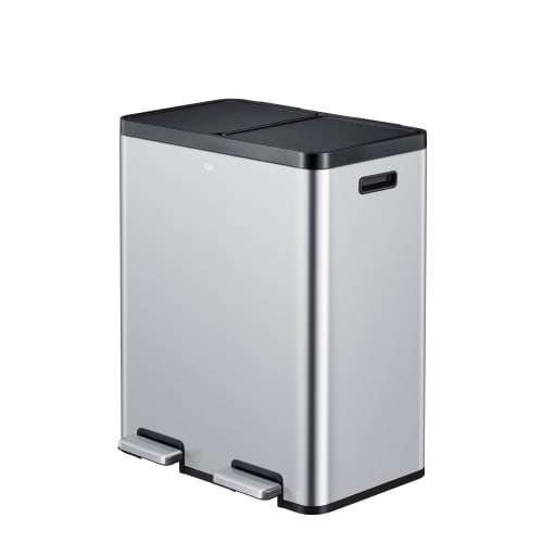Tret-Mülleimer Essential 1 Recycler von EKO mit 2x 30 Liter Fassungsvermögen, silberner Doppelabfalleimer mit Fußpedalen
