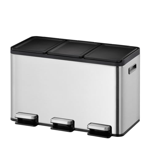 Tret-Mülleimer Essential Splittet Recycler EKO mit 3 Fächern und je 10 Liter Fassungsvermögen, Edelstahl mit schwarzen Deckeln und Pedalen