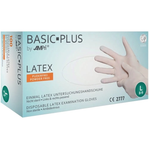 100er-Box AMPRI Basic Plus Latex Einweghandschuhe, puderfrei, Größe L 8-9, nicht steril, ambidextrous