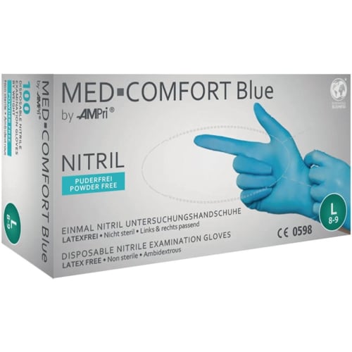 100er Box AMPRI Med Comfort Blue Nitril Einweghandschuhe puderfrei, latexfrei, nicht steril, ambidextrous, Größe L 8-9