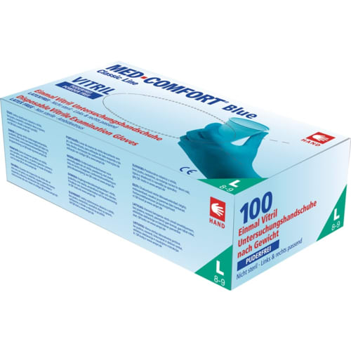 100er Box AMPRI Einweghandschuhe Med Comfort Blue Vitril Größe L 8-9, puderfrei, nicht steril, links und rechts passend