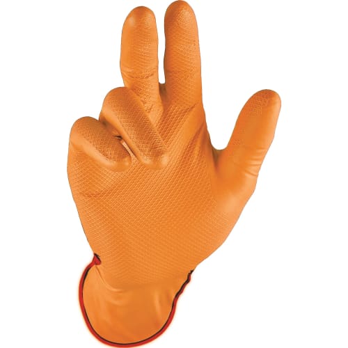 Oranger Einweghandschuh aus Nitril mit Grip-Struktur, ungepudert und latexfrei, Größe 8-11