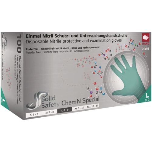 AMPRI Einweghandschuhe SolidSafety ChemN Special Nitril Schutz- und Untersuchungshandschuhe, puderfrei, silikonfrei, nicht steril, ambidextrous, Größe L 8-9
