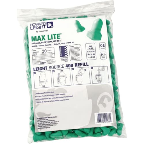 Howard Leight MAX LITE Gehörschutzstöpsel 200 Paar, grün, Low Pressure Foam Earplugs, NRR 30, SNR 34, Nachfüllpack LS400