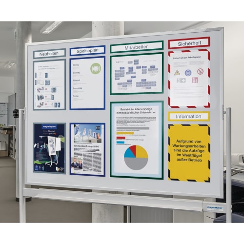 Magnetoplan Magnetrahmen Set mit 5 Stück, magnethaftend, DIN A3, verschiedene farbige Rahmen mit Informationen und Plänen auf einer Magnettafel