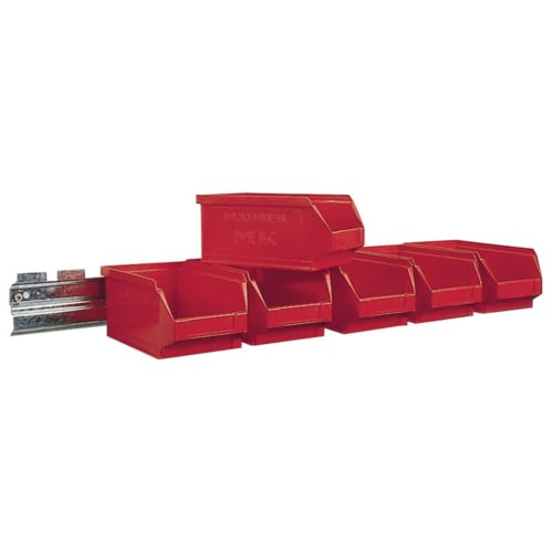 MAUSER Sichtlagerkasten-Set STA in rot mit Schiene zur Wandmontage