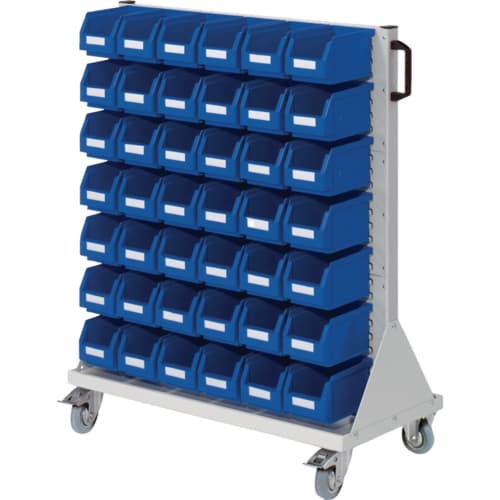 RasterPlan Rollwagen RasterMobil mit 3 Schlitzplatten und blauen Aufbewahrungsboxen auf Rollen