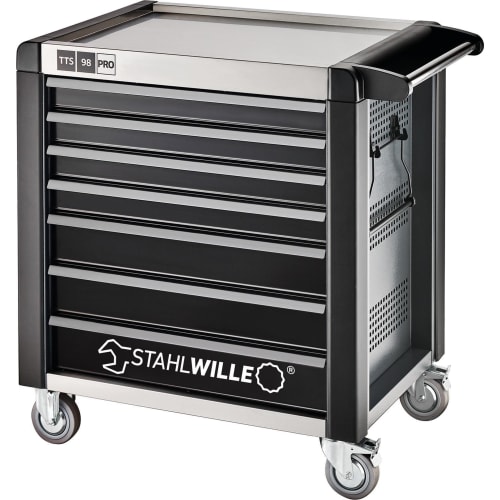 Schwarzer STAHLWILLE Werkstattwagen 98/7 PRO mit mehreren Schubladen und Rollen