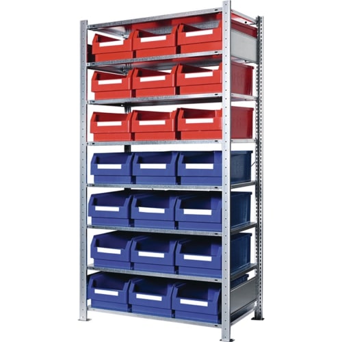 Kappes Steckregal Grundregal mit roten und blauen Aufbewahrungsboxen aus Metall