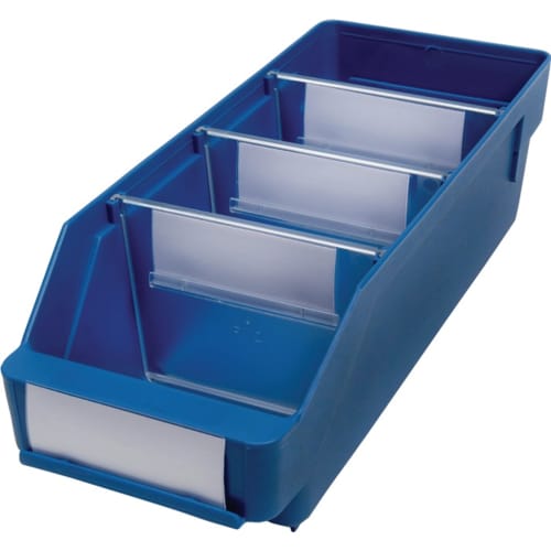 Blauer STEMO® Regalkasten PP mit drei transparenten Trennwänden und Beschriftungshaltern