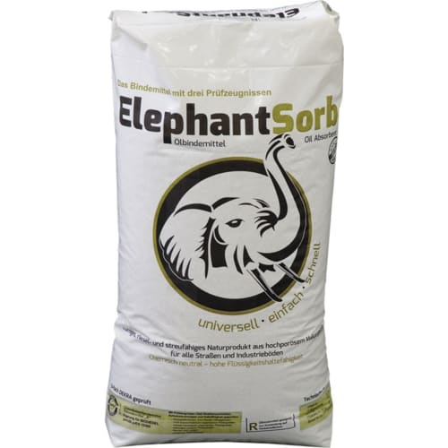 Sack mit Chemikalien- und Ölbindemittel Elephant Sorb Standard, weißer Beutel mit Elefantenlogo und Produktbeschreibung
