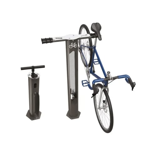 Fahrrad-Reparaturstation AMSTERDAM mit Luftpumpe und montiertem blauen Fahrrad