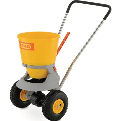 Gelber Streugutwagen mit Streumengenregler und Streubreite 1-4 m von CEMO