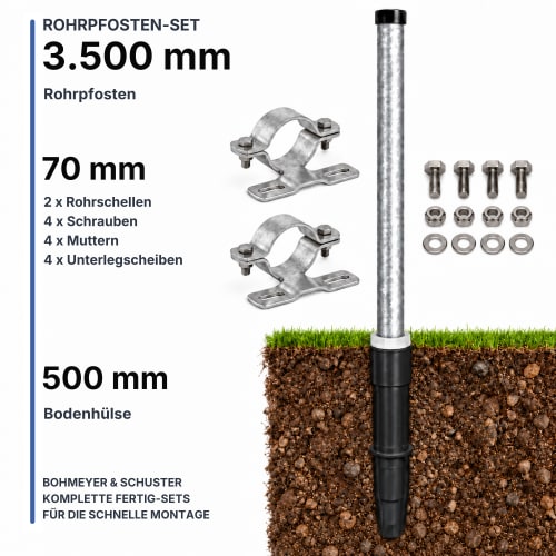 3500 mm Rohrpfosten Komplett-Set mit 60,3 mm Rohrpfosten, 500 mm Bodenhülse, 2 x 70 mm Rohrschellen, Schrauben, Muttern und Unterlegscheiben