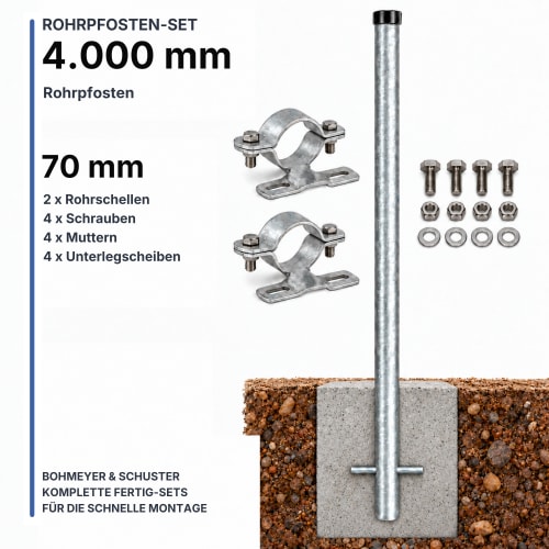 4000 mm Rohrpfosten Komplett-Set mit 60,3 mm Rohrpfosten, 2 x 70 mm Rohrschellen, Schrauben, Muttern und Unterlegscheiben, verzinkter Stahlpfosten mit Montagezubehör
