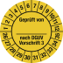 Prüfplakette Geprüft von ___ nach DGUV Vorschrift 3 mit Monats- und Jahresangaben