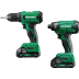 Akku-Bohrschrauber-Set HIKOKI mit 18V Li-Ion Akku und 2.0 Ah Kapazität, bestehend aus Bohrschrauber und Schlagschrauber in grün und schwarz