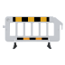 weißes Absperrgitter aus Kunststoff mit drehbaren schwarzen Füßen und gelb-schwarzen Warnstreifen