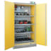 Gelber Lagerschrank für Lithium-Ionen Akkus Basic Charge EI 90 mit geöffneten Türen und mehreren Ladegeräten auf Regalen