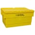 Gelber Lager- und Transportbehälter für Lithium-Ionen Akkus mit Sicherheitskennzeichnung