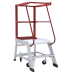 Podestleiter mit rotem Geländer, fahrbar auf Rollen, zusammenklappbar, mit weißer Trittfläche