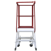 Podestleiter mit rotem Geländer, fahrbar auf Rollen, zusammenklappbar, weiße Stufen und Rahmen