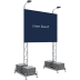 Komplettset Werbetafel mit Bautafel und Strahler, stabile Metallkonstruktion mit Betongewichten, dunkelblaue Werbefläche mit Text 'Hier baut'