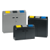 Wertstoff-Sammelstation WS 100R mit drei Recycling-Containern in verschiedenen Größen und Farben für Gelb, Schwarz und Blau