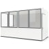 Mobiles Raumsystem MultiRoom Indoor Basic 10 mit weißen Wänden und großen Fenstern, rechteckige modulare Raumkabine mit Tür