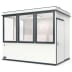 Mobiles Raumsystem MultiRoom Outdoor Basic 7 mit großen Fenstern und Tür, weiß mit grauen Rahmen