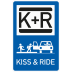 Blaues Schulwegschild Kiss & Ride mit Symbolen von Kindern, die aus einem Auto aussteigen
