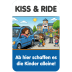 Schulwegschild Kiss & Ride im Comicstil mit Illustration von Kindern, die zur Schule gehen, und einer Frau im Auto, die einen Kuss gibt, Text: Ab hier schaffen es die Kinder alleine!