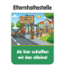 Schulwegschild Elternhaltestelle im Comicstil mit Eltern, Kindern und Kindergarten im Hintergrund