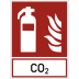 Kombischild Feuerlöscher mit CO2 Text und Feuer Symbol in Weiß auf rotem Hintergrund