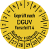 Prüfplakette gelb mit Aufschrift Geprüft nach DGUV Vorschrift 4 und Nächster Prüftermin