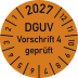 Prüfplakette DGUV Vorschrift 4 geprüft orange mit Jahresangabe 2027 und Monatsangaben