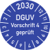 Blaue Prüfplakette mit Aufschrift DGUV Vorschrift 4 geprüft und Jahreszahl 2030