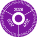Prüfplakette 3 Jahre mit Monaten violett mit Jahreszahlen 2028, 2029, 2030 und Monatsangaben von 1 bis 12