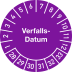 Prüfplakette mit Verfalls-Datum in lila Farbe und weißen Zahlen von 1 bis 12 und 28 bis 33