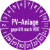 Prüfplakette PV-Anlage geprüft nach VDE mit Monats- und Jahresangaben in lila