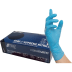 Hand mit blauem NITRAS Supreme Nitrile Einweghandschuh vor Packung mit 100 Stück